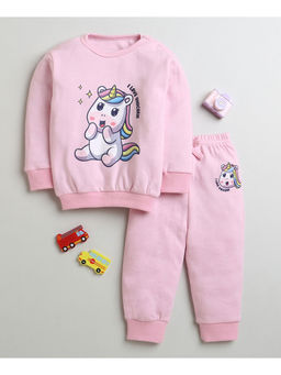 Bumzee - Light Pink Girls Full Sleeves Cotton Sweatshirt and Jogger (Set of 2)