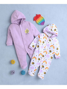 Bumzee - Lavender & White Baby Girls Full Sleeves Hooded Sleepsuit (Pack of 2)