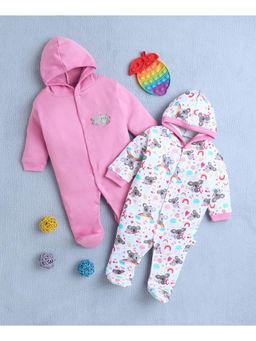 Bumzee - Pink & White Baby Girls Full Sleeves Hooded Sleepsuit (Pack of 2)