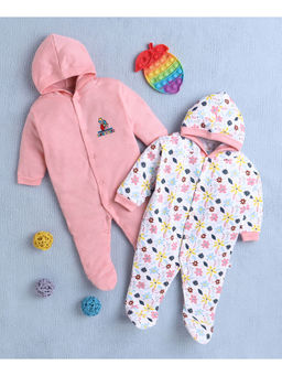 Bumzee - Peach & White Baby Girls Full Sleeves Hooded Sleepsuit (Pack of 2)