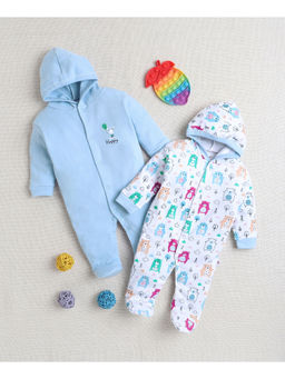 Bumzee - Sky Blue & White Baby Boys Full Sleeves Hooded Sleepsuit (Pack of 2)