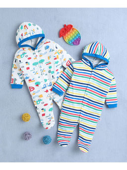 Bumzee - White & Multi Baby Boys Full Sleeves Hooded Sleepsuit (Pack of 2)