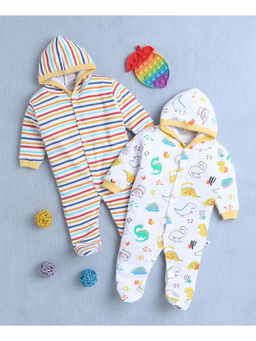 Bumzee - White & Yellow Baby Boys Full Sleeves Hooded Sleepsuit (Pack of 2)