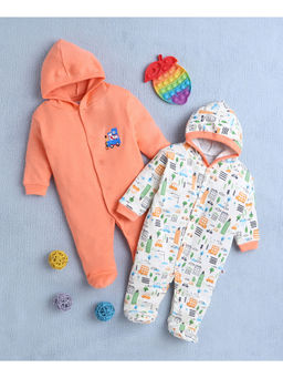 Bumzee - Orange & Cream Baby Boys Full Sleeves Hooded Sleepsuit (Pack of 2)