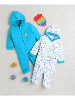 Bumzee - Blue & White Baby Boys Full Sleeves Hooded Sleepsuit (Pack of 2)