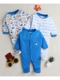 Bumzee - Royal Blue & White Baby Boys Full Sleeves Sleepsuit (Pack of 3)