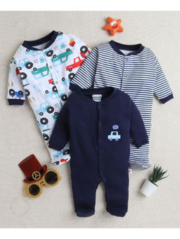 Bumzee - Navy & White Baby Boys Full Sleeves Sleepsuit (Pack of 3)