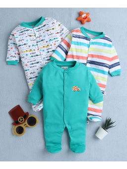 Bumzee - Green & White Baby Boys Full Sleeves Sleepsuit (Pack of 3)