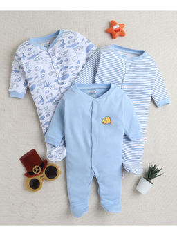Bumzee - Sky Blue & White Baby Boys Full Sleeves Sleepsuit (Pack of 3)