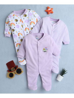Bumzee - Lavender & White Baby Girls Full Sleeves Sleepsuit (Pack of 3)