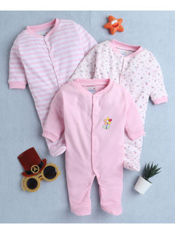 Bumzee - Baby Pink & White Baby Girls Full Sleeves Sleepsuit (Pack of 3)