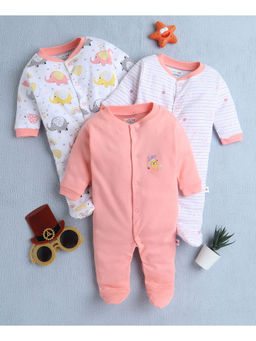 Bumzee - Peach & White Baby Girls Full Sleeves Sleepsuit (Pack of 3)