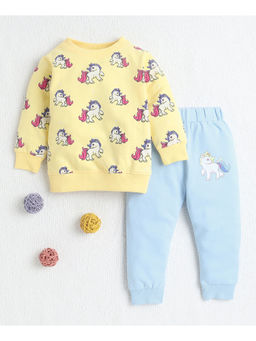 Bumzee - Yellow and Sky Blue Girls Full Sleeves Cotton Sweatshirt and Jogger (Set of 2)