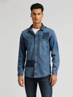 Pepe Jeans - Blue Laser Printed Slim Fit Denim Shirt