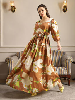 Globus - Rust Floral Print V-Neck Maxi Dress with Belt