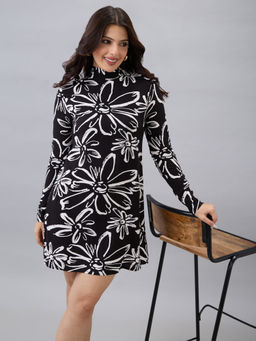 Globus - Black High Neck Floral Print Mini Dress