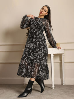Globus - Black Floral Printed Midi Dress