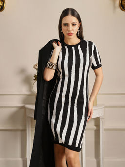 Globus - Black and White Round Neck Ribbed Hem Bodycon Mini Dress