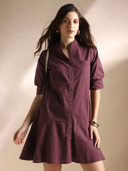 Globus - Burgundy Mandarin Collar A-Line Shirt Style Mini Dress