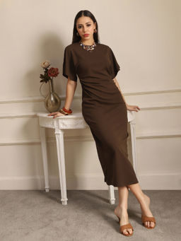 Globus - Brown Round Neck Bodycon Midi Dress