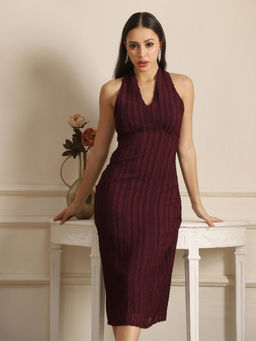 Globus - Dark Wine Georgette Self Design Bodycon Party Midi Dress