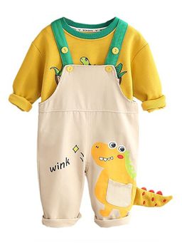 Little Surprise Box - Yellow 3D Dino T-Shirt and Dungaree for Toddlers (Set of 2)