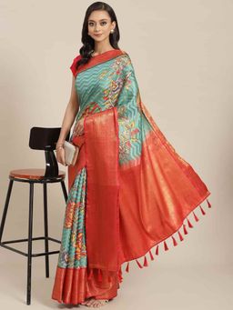 Silk Land - Banarasi Art Silk Woven Saree with Unstitched Blouse Piece Teal with Unstitched