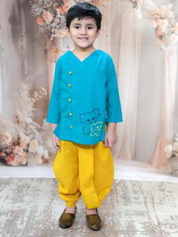 Junitos - Boys Pure Cotton Full Sleeve Embroidered Kurta with Dhoti Turquoise (Set of 2)