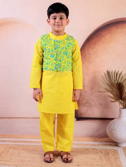 Junitos - Boys Pure Cotton Printed Kurta & Pyjama with Jacket Yellow (Set of 3)
