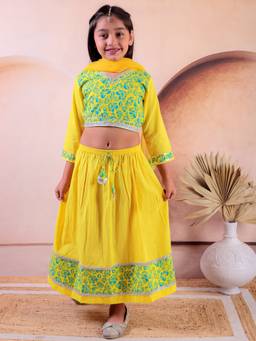 Junitos - Girls Cotton Printed Lehenga & Choli with Dupatta Yellow (Set of 3)