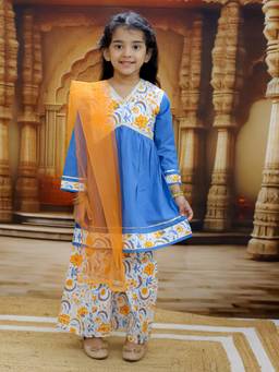Junitos - Girls Cotton Printed Kurta & Pyjama with Dupatta Blue (Set of 3)