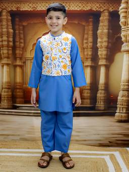 Junitos - Boys Pure Cotton Printed Kurta & Pyjama with Jacket Blue (Set of 3)