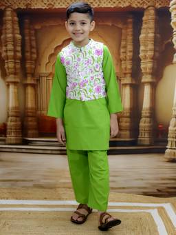 Junitos - Boys Pure Cotton Printed Kurta & Pyjama with Jacket Green (Set of 3)