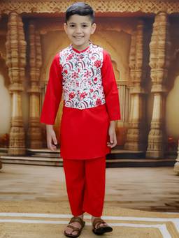 Junitos - Boys Pure Cotton Printed Kurta & Pyjama with Jacket Red (Set of 3)