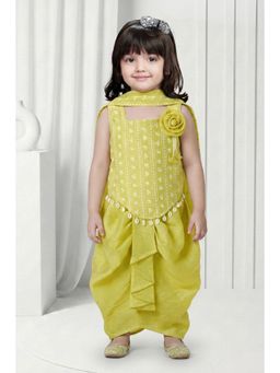 Lagorii - Lime Green Floral Dhoti Set with Cowrie Shell Detailing