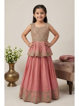 Lagorii - Dusty Pink Zari Embroidered Peplum Top With Lehenga Set