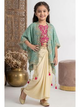 Lagorii - Multi-Color Embroidered Top With Cream Dhoti Skirt And Cape Set