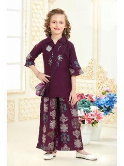 Lagorii - Wine Ethnic Embroidered Palazzo Set With Sling Bag