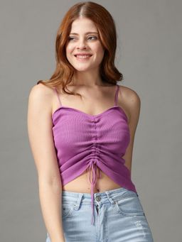 SHOWOFFFF - Womens Shoulder Straps Fitted Solid Purple Crop Top