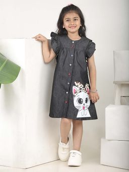 Superminis - Girls Black Denim Cat Print Sleeveless Dress