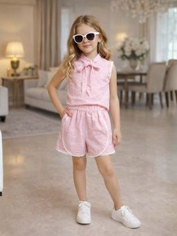 Superminis - Girls Pink Cotton Striped Shorts Set