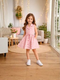Superminis - Girls Cotton Floral Printed Sleeveless Dress With Belt