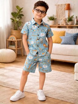 Superminis - Kids Boys Animal Print Cotton Shirt and Shorts Set