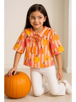 Tales & Stories - Girls Orange Printed Collar Neck Top with Tie-Up