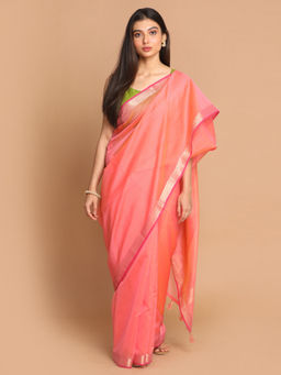 Indethnic - Banarasi Coral Solid Daily Wear Saree With Unstitched Blouse