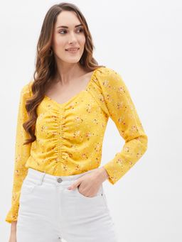 Kibo - Womens Yellow Sweetheart Neck Front Ruching Top