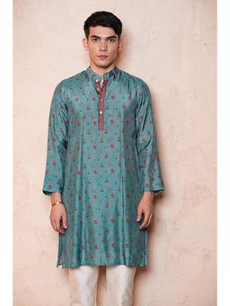 House of Surkh - Green Silk Floral Printed Long Mens Kurta