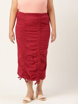 theRebelinme - Plus Size Womens Maroon Solid Color Pleated Detail Midi Skirt