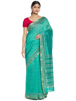 Fabindia - Sea Green Hand Block Print Cotton Silk Sari