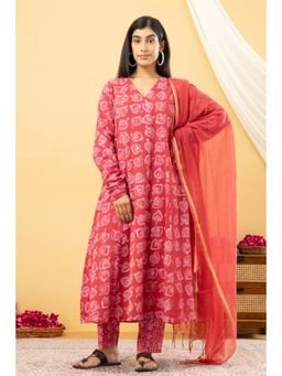 Laado - Carrot Red Anarkali Kurta with Pant and Dupatta (Set of 3)